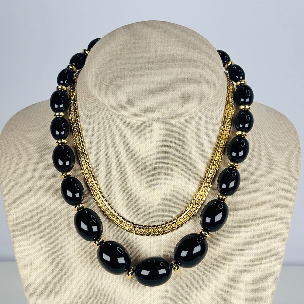 Bold Napier Black‎ Gold Necklace Set Vintage Chunky Bead Herringbone Chain 80s
